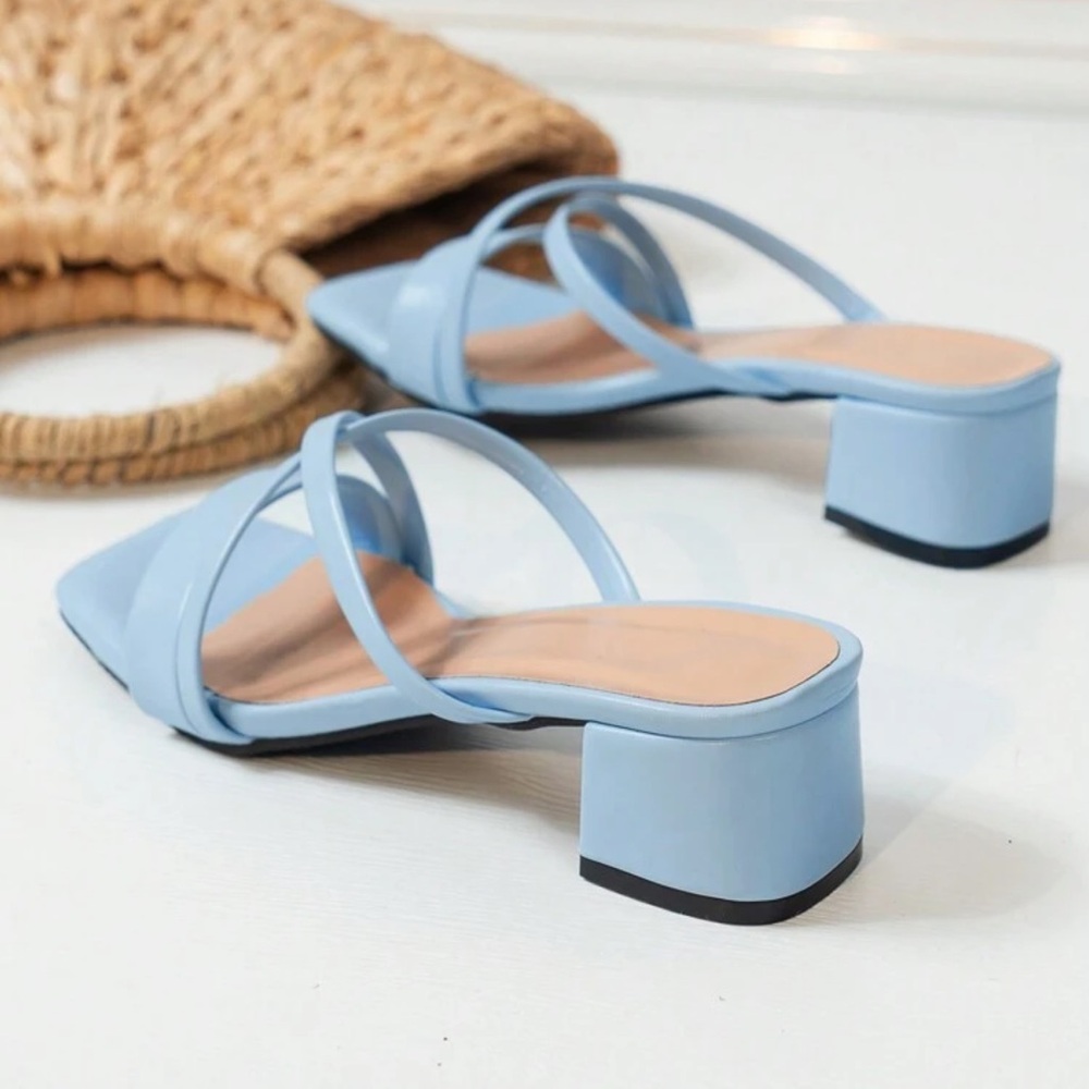 Sky Blue Strappy Low Block Heel Sandals - Picture 2 of 5